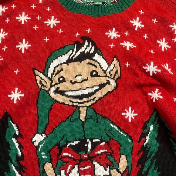 Vintage Ugly Christmas Sweater Mens XL Elf Present Red Green Knitted Sweater - Picture 1 of 7